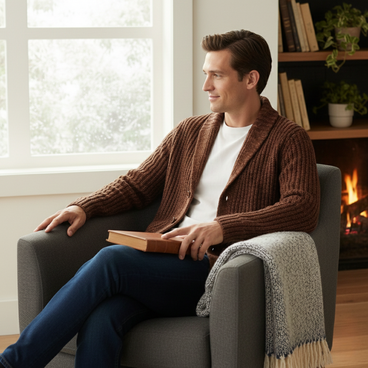 Men’s Shawl Collar Ribbed Knit Cardigan 6