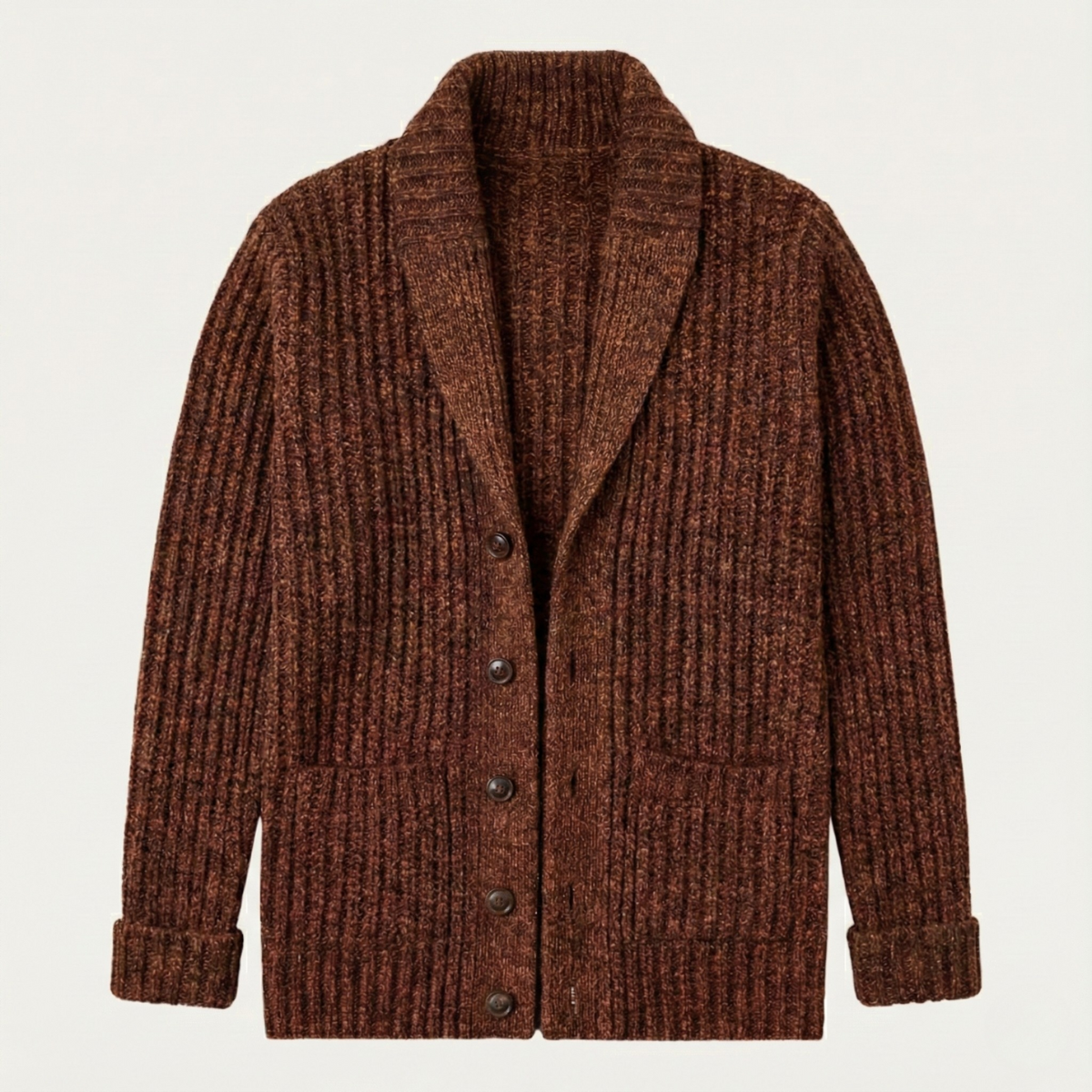 Men’s Shawl Collar Ribbed Knit Cardigan Brown