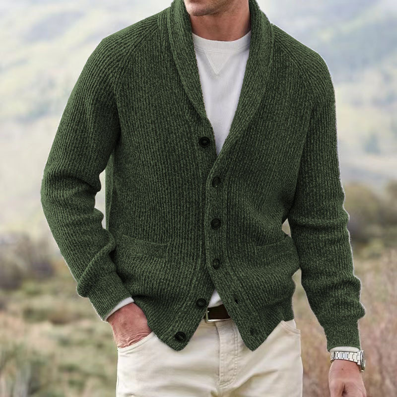 Men’s Shawl Collar Ribbed Knit Cardigan Green
