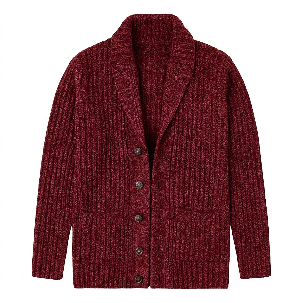 Men’s Shawl Collar Ribbed Knit Cardigan Red