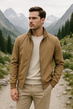 Men’s Stand Collar Zip-Up Bomber Jacket Beige