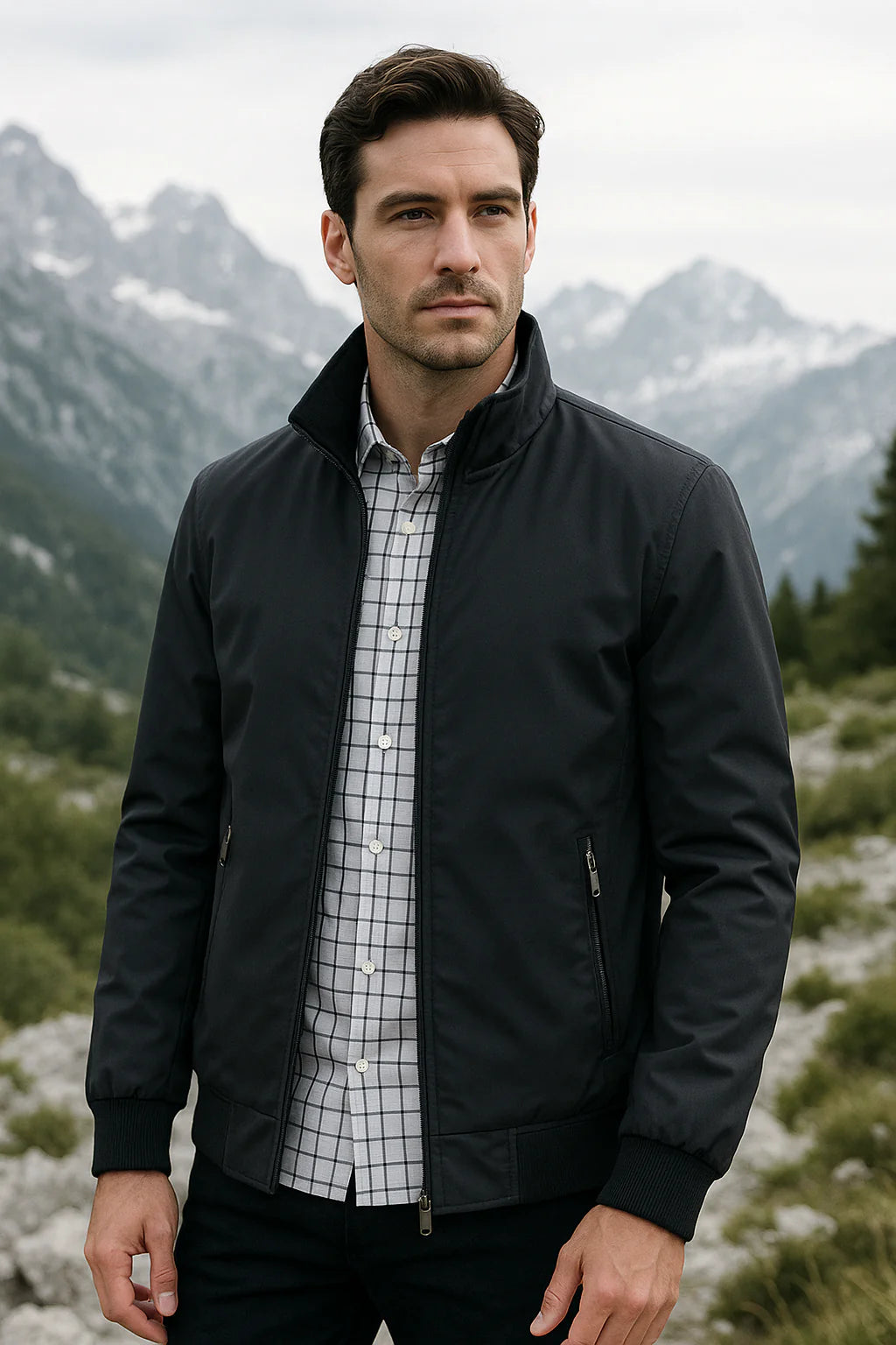 Men’s Stand Collar Zip-Up Bomber Jacket Black