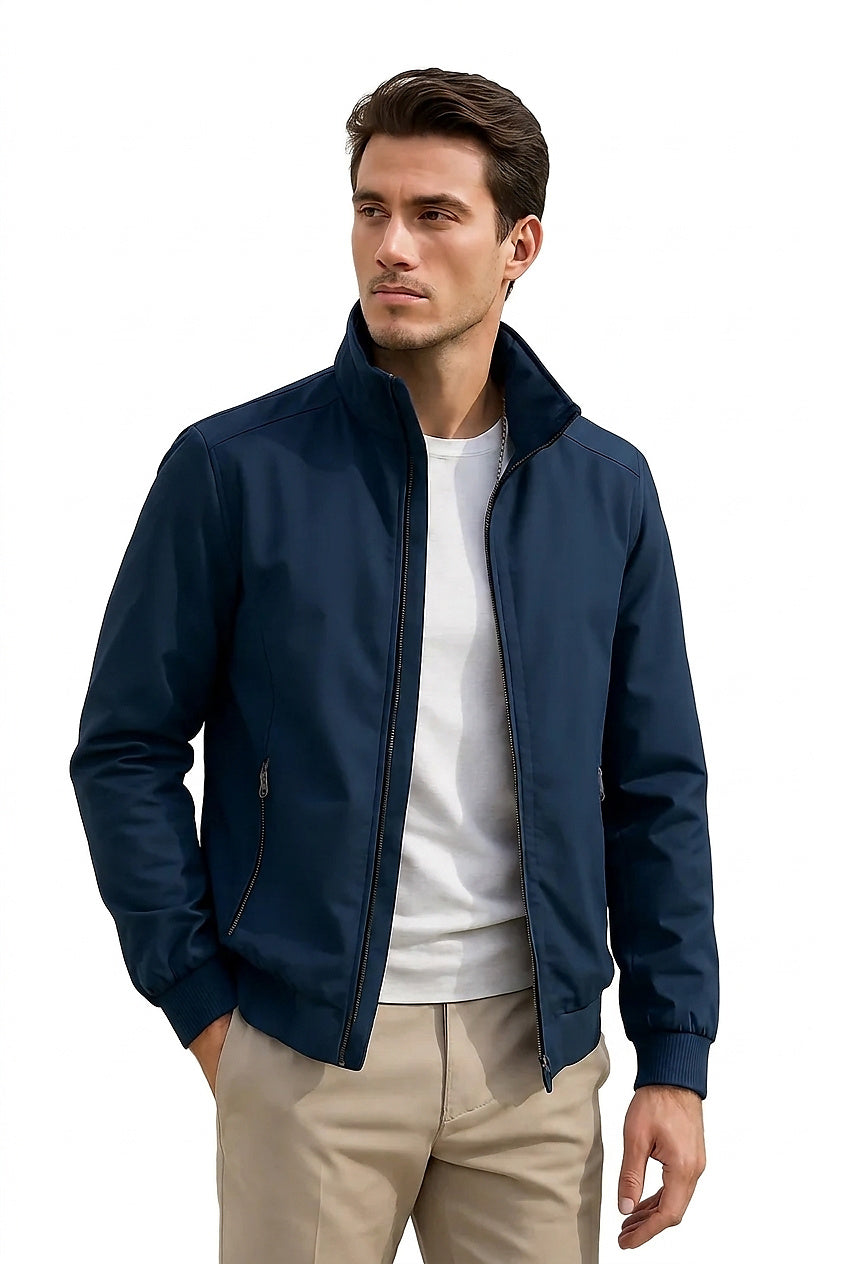 Men’s Stand Collar Zip-Up Bomber Jacket Blue