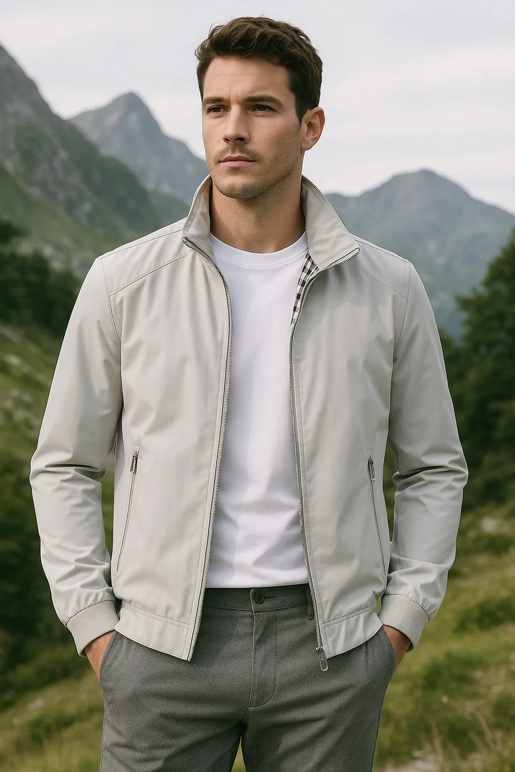 Men’s Stand Collar Zip-Up Bomber Jacket Khaki