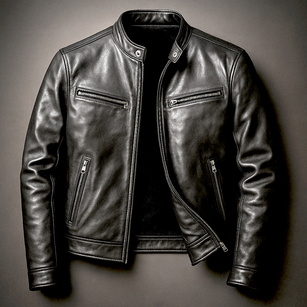 Men’s Stand Collar Zip-Up Jacket Biker Black