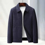 Men’s Textured Zip-Up Jacket with Point Collar Navy Blue