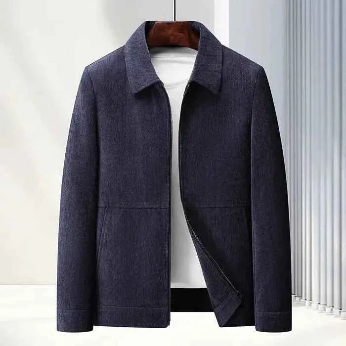 Men’s Textured Zip-Up Jacket with Point Collar Navy Blue