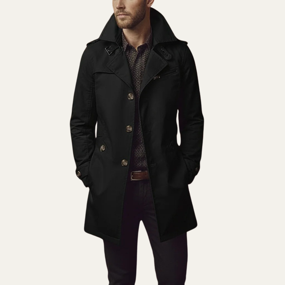 Men’s Trench Coat with Notched Collar and Button Closure Black
