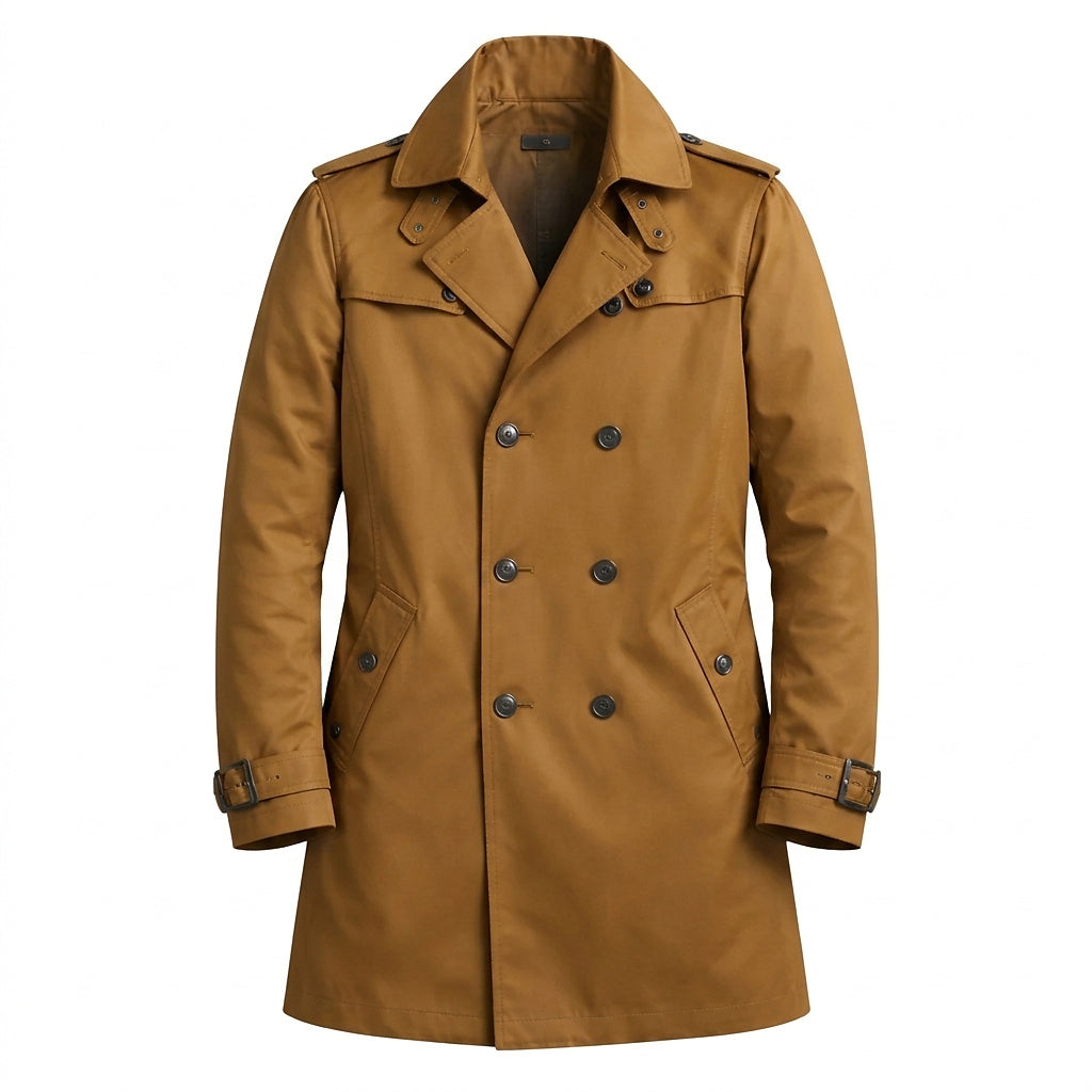 Men’s Trench Coat with Notched Collar and Button Closure Dark Khaki