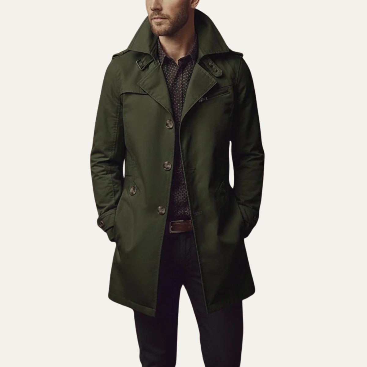 Men’s Trench Coat with Notched Collar and Button Closure Green