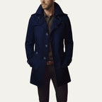 Men’s Trench Coat with Notched Collar and Button Closure Navy Blue