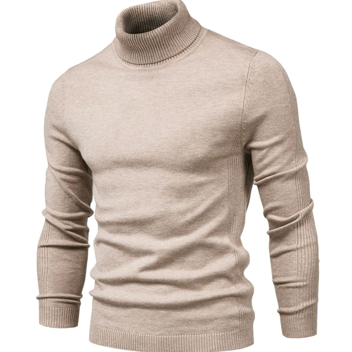 Men’s Turtleneck Knit Sweater with Ribbed Cuffs Beige
