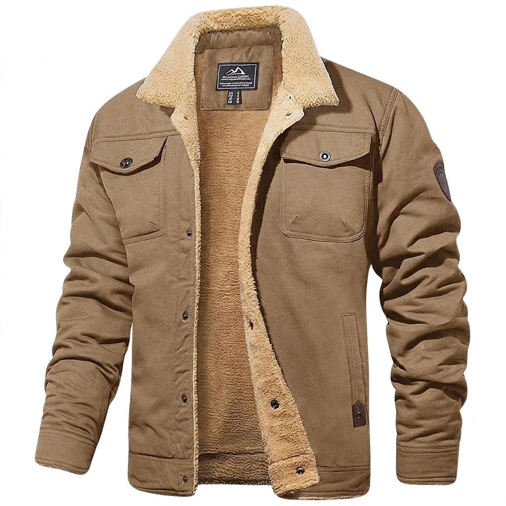 Men’s Utility Jacket with Fleece Lining and Button Closure Khaki