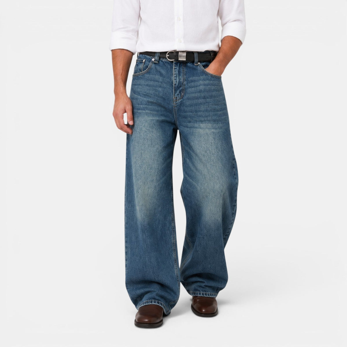 Men’s Wide-Leg Distressed Denim Jeans Blue