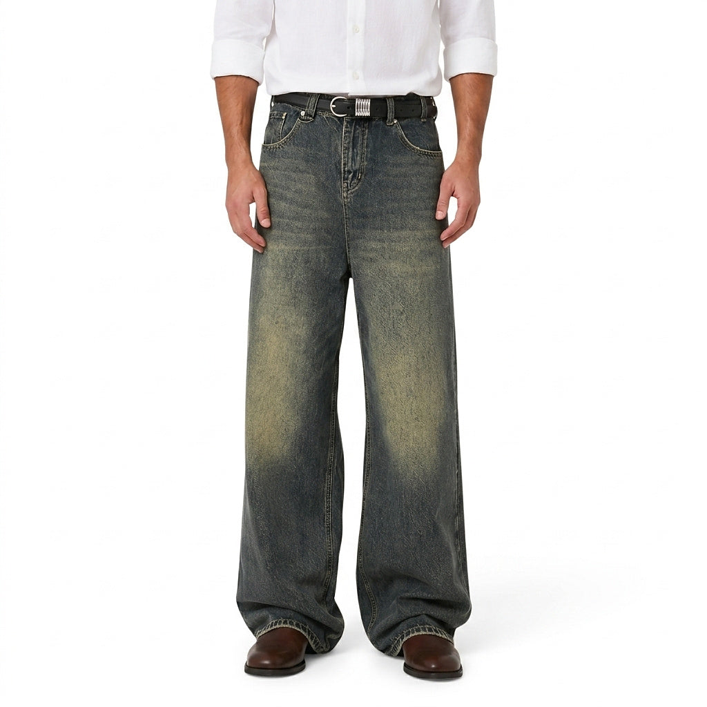 Men’s Wide-Leg Distressed Denim Jeans Grey
