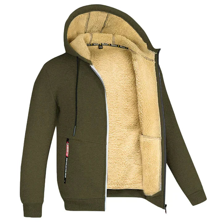 Men’s Zip-Up Hoodie with Teddy Lining Army Green