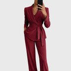 Women’s Blazer and Wide Leg Trousers Matching Set Burgundy Red