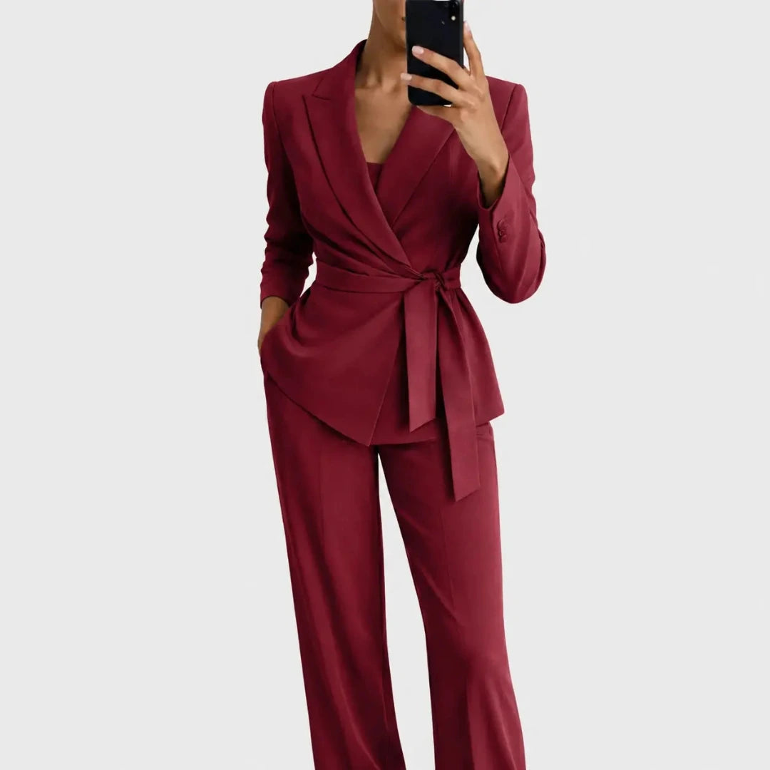 Women’s Blazer and Wide Leg Trousers Matching Set Burgundy Red