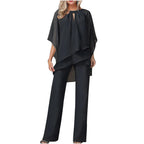 Women’s Chiffon Overlay Top and Wide Leg Trouser Set Black