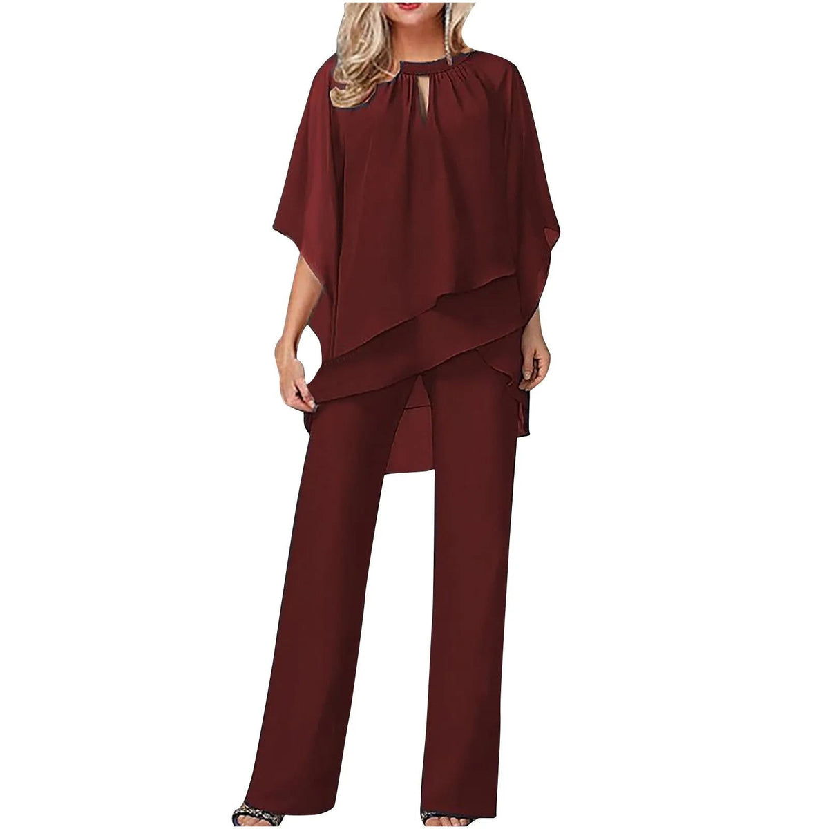 Women’s Chiffon Overlay Top and Wide Leg Trouser Set Burgundy