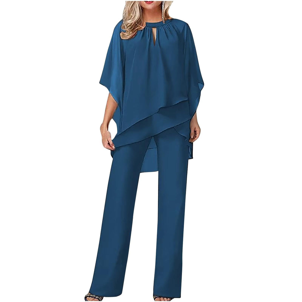 Women’s Chiffon Overlay Top and Wide Leg Trouser Set Light Blue