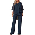 Women’s Chiffon Overlay Top and Wide Leg Trouser Set Navy Blue