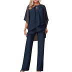Women’s Chiffon Overlay Top and Wide Leg Trouser Set Navy Blue