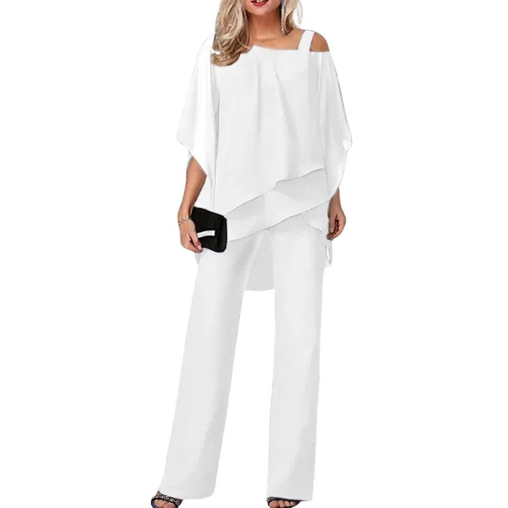 Women’s Chiffon Overlay Top and Wide Leg Trouser Set White