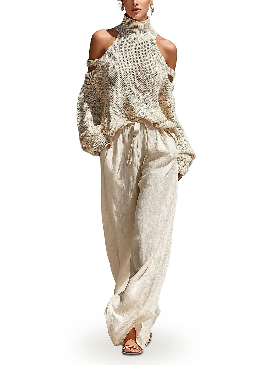 Women’s Cold-Shoulder Knit Sweater and Wide-Leg Pants Set Beige