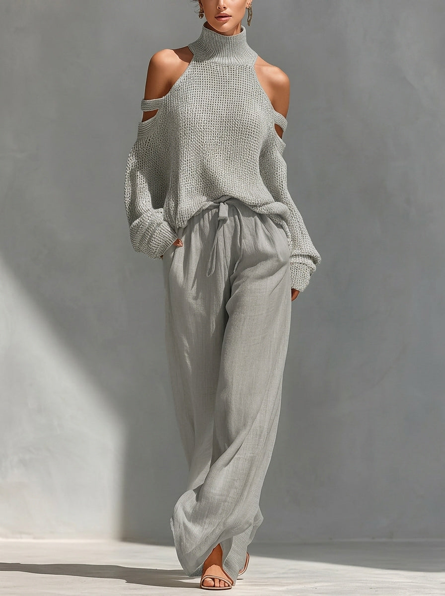 Women’s Cold-Shoulder Knit Sweater and Wide-Leg Pants Set Gray