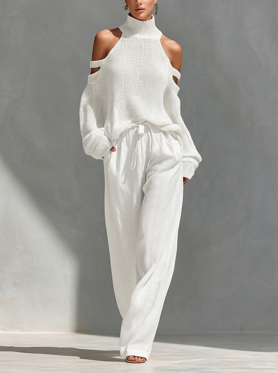 Women’s Cold-Shoulder Knit Sweater and Wide-Leg Pants Set White