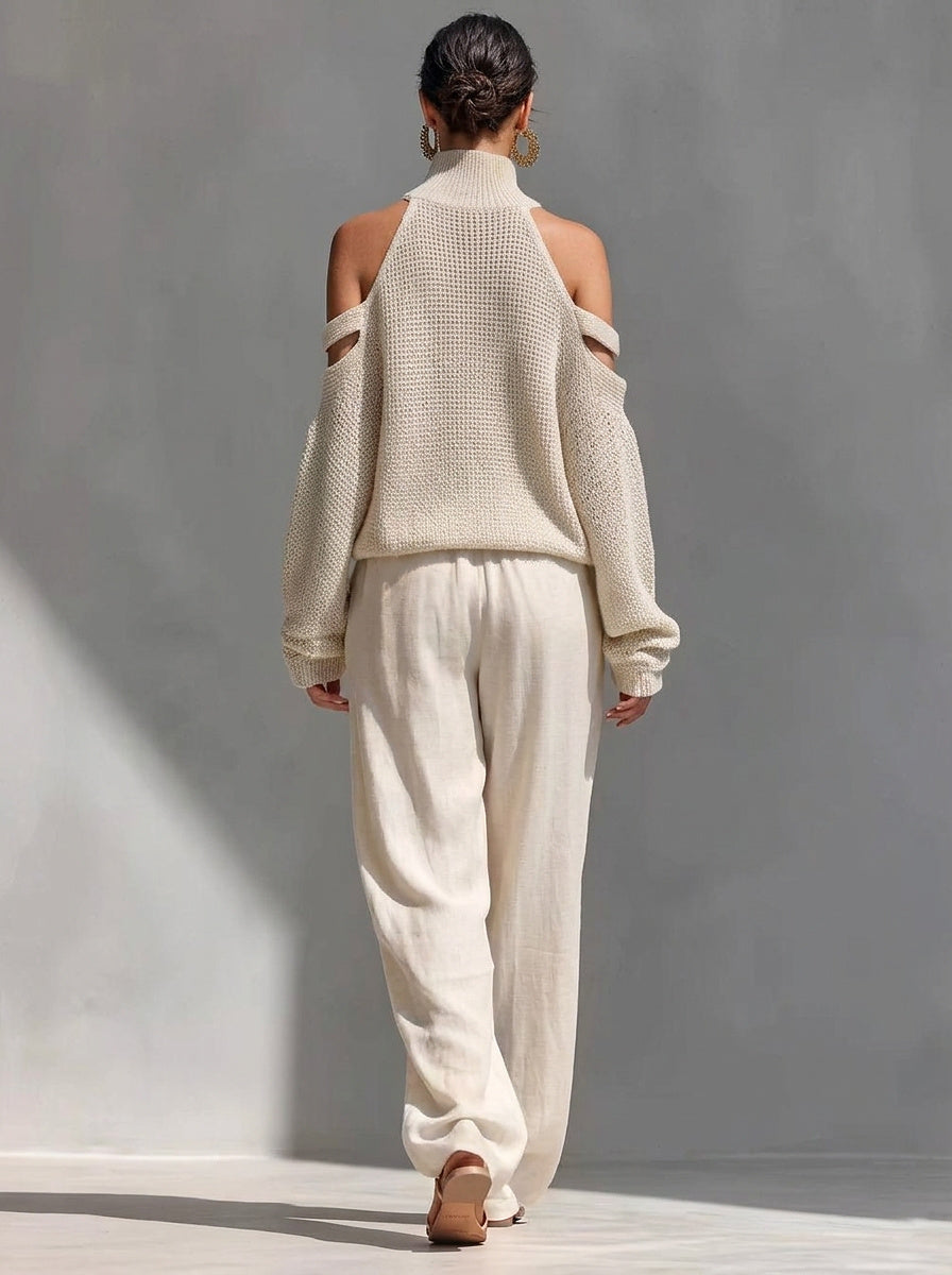 Women’s Cold-Shoulder Knit Sweater and Wide-Leg Pants Set
