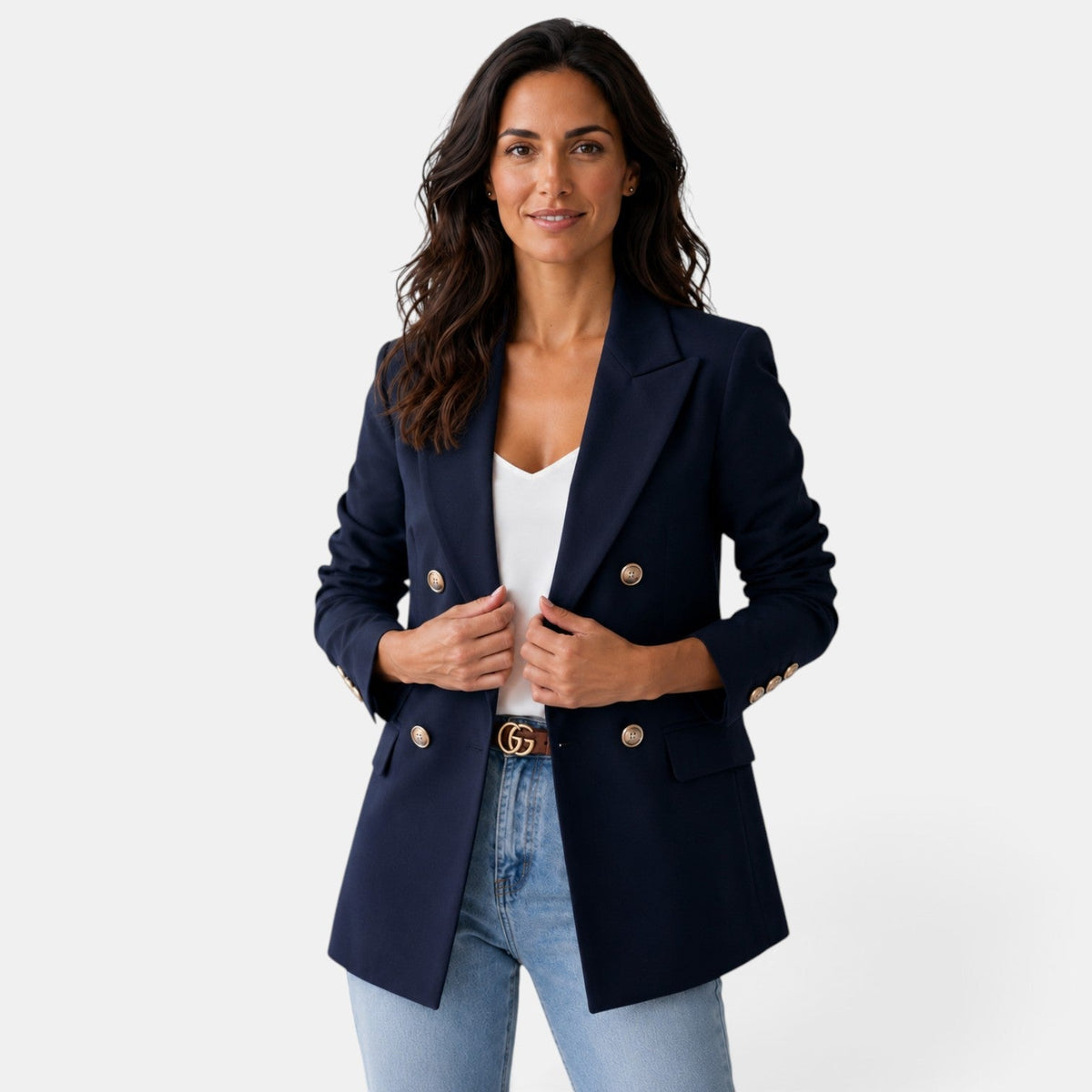 Women’s Double Button Blazer with Peak Lapels Navy Blue