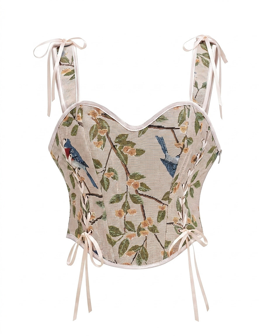 Women’s Floral Print Corset Top with Ribbon Ties Apricot