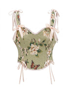 Women’s Floral Print Corset Top with Ribbon Ties Green