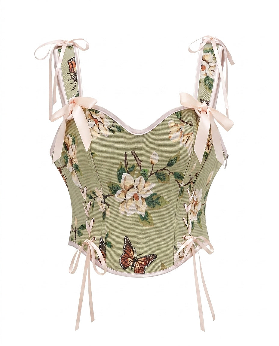 Women’s Floral Print Corset Top with Ribbon Ties Green