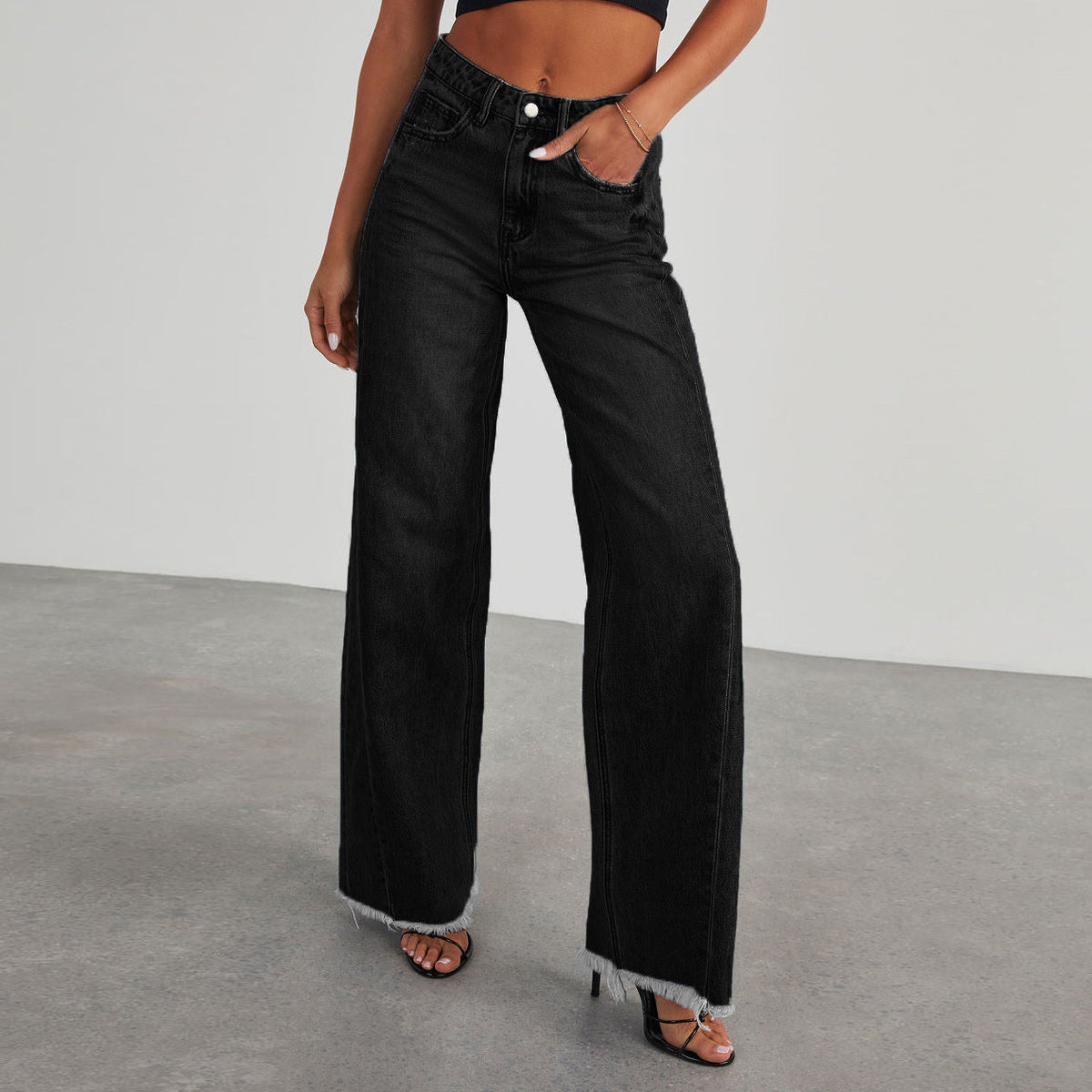 Women’s High-Rise Wide Leg Jeans with Raw Hem Black