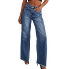 Women’s High-Rise Wide Leg Jeans with Raw Hem Dark Blue