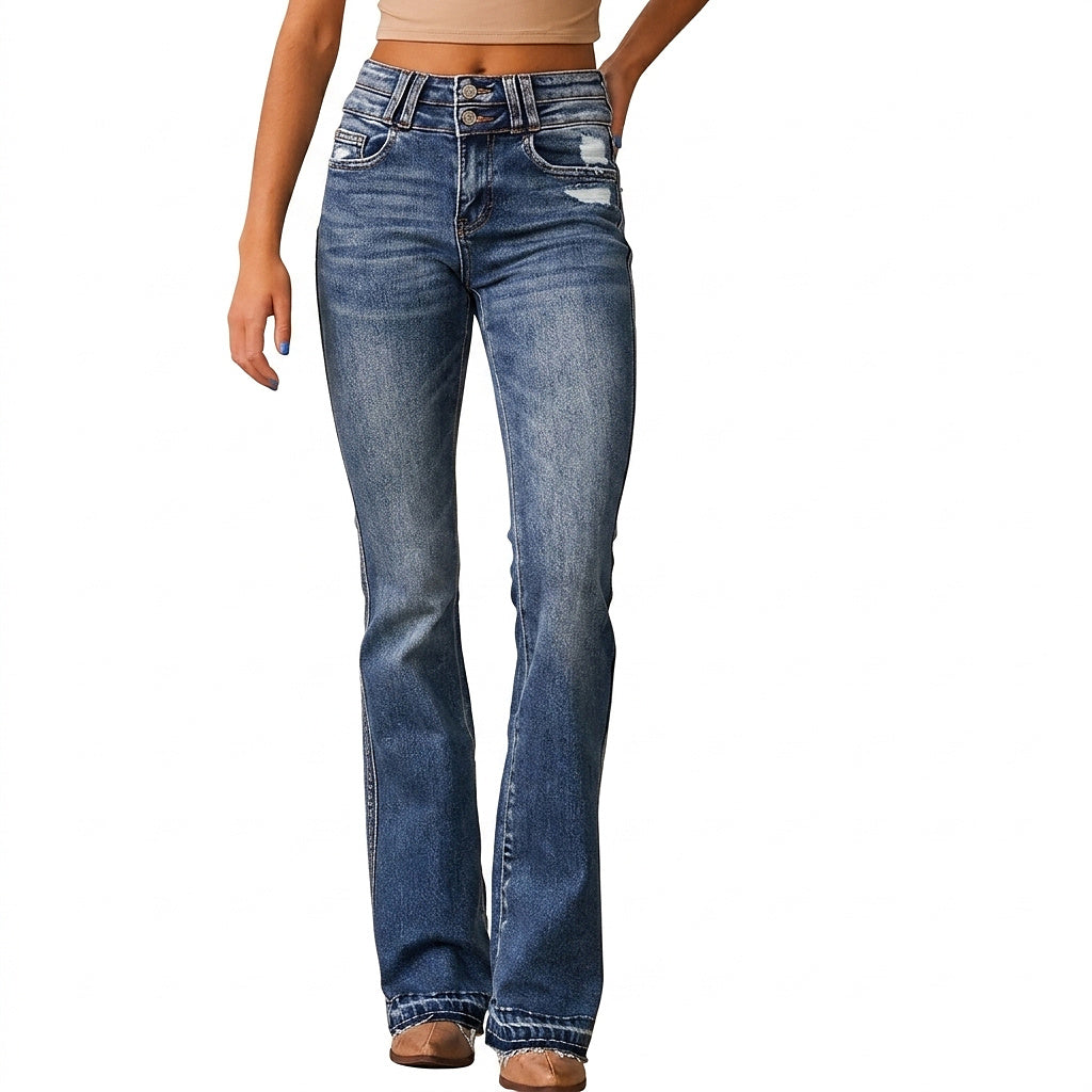 Women’s High-Waisted Bootcut Jeans with Frayed Hem Dark Blue