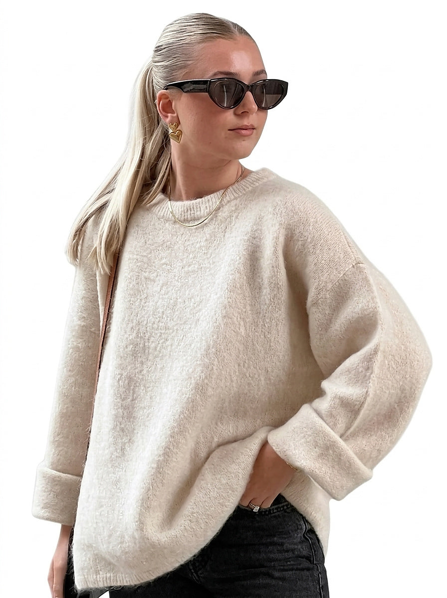 Women’s Knit Sweater with Dropped Shoulders and Crew Neck Apricot
