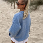 Women’s Knit Sweater with Dropped Shoulders and Crew Neck Blue