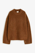 Women’s Knit Sweater with Dropped Shoulders and Crew Neck Brown