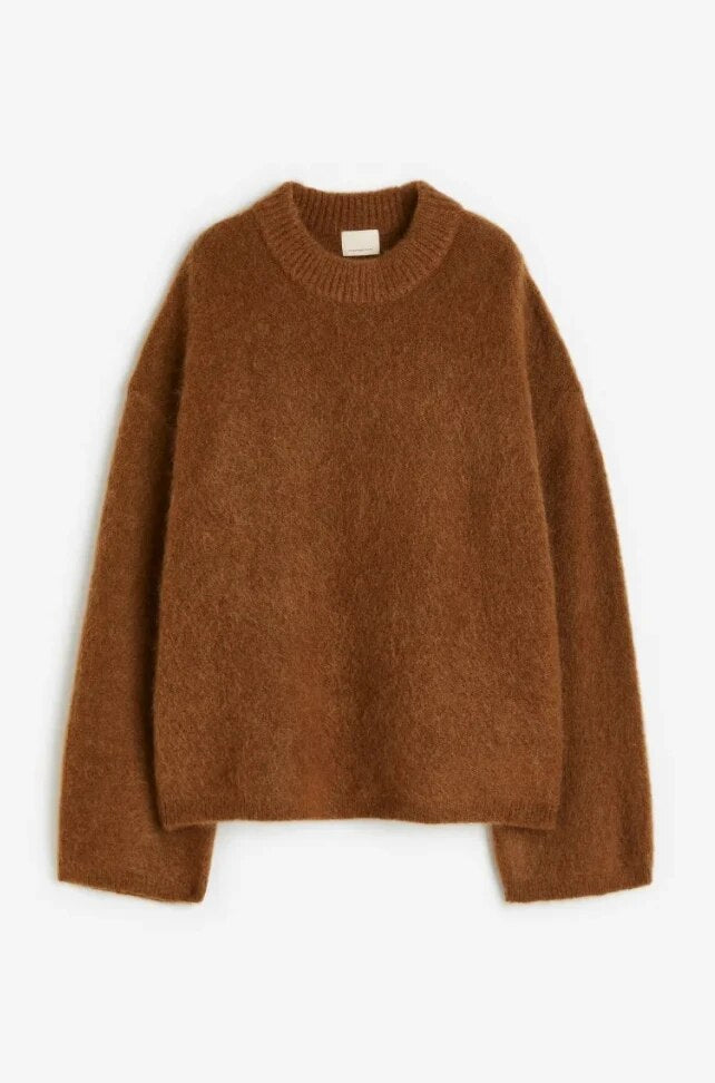Women’s Knit Sweater with Dropped Shoulders and Crew Neck Brown