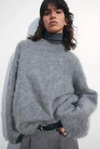 Women’s Knit Sweater with Dropped Shoulders and Crew Neck Gray