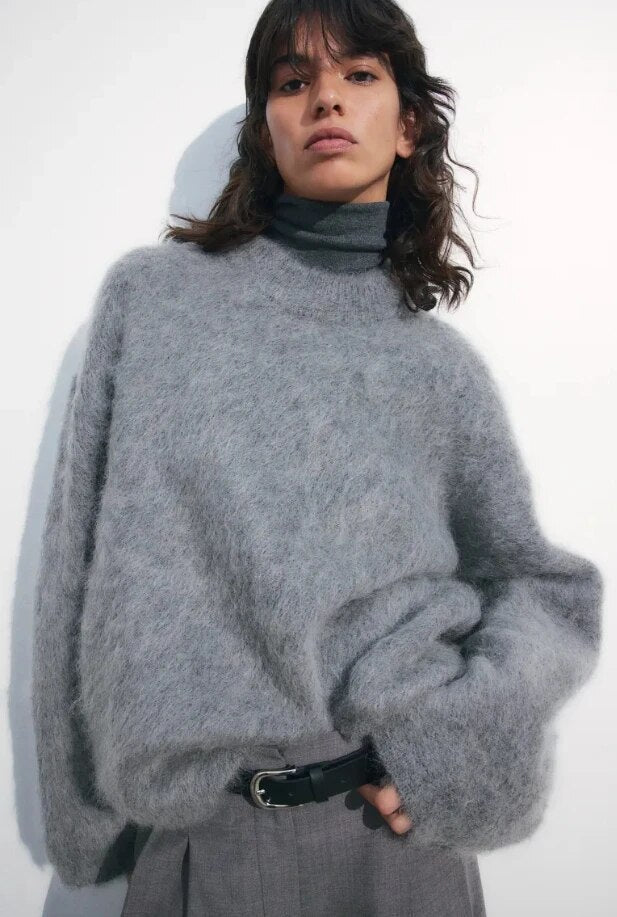 Women’s Knit Sweater with Dropped Shoulders and Crew Neck Gray