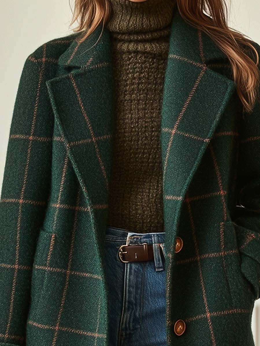 Women’s Long Checkered Pattern Coat with Buttons 2