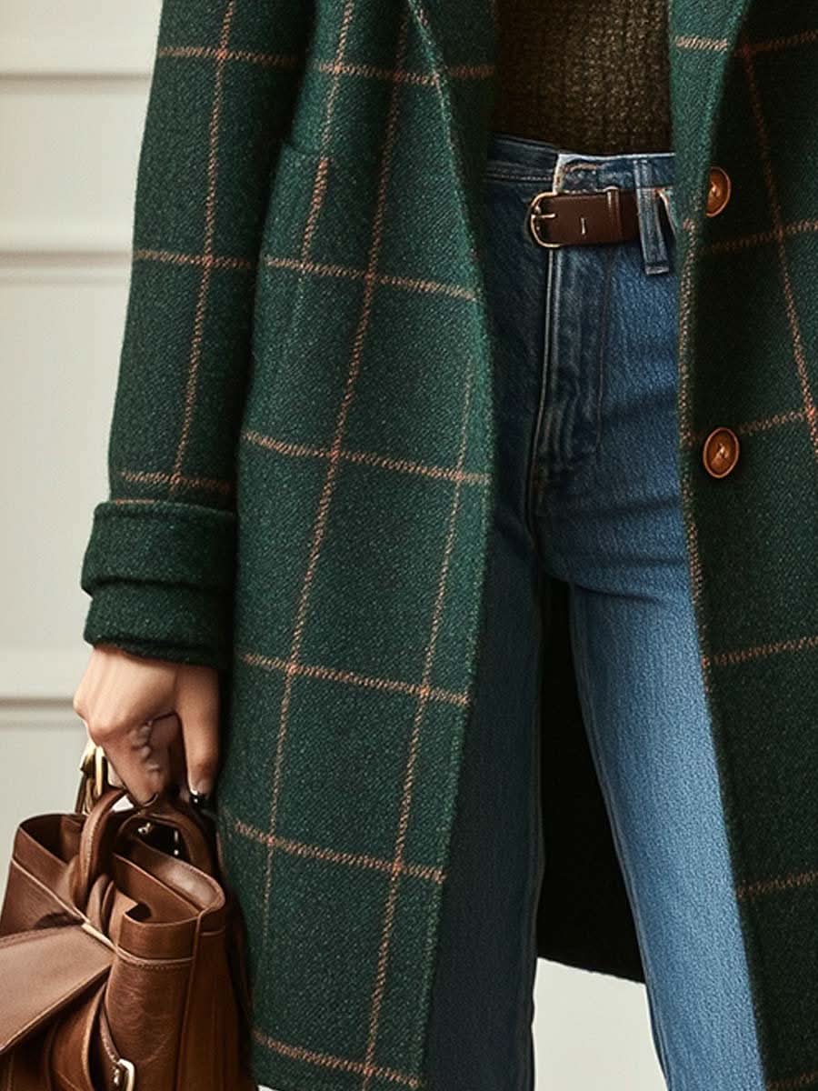 Women’s Long Checkered Pattern Coat with Buttons 4