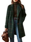 Women’s Long Checkered Pattern Coat with Buttons Green