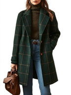 Women’s Long Checkered Pattern Coat with Buttons Green