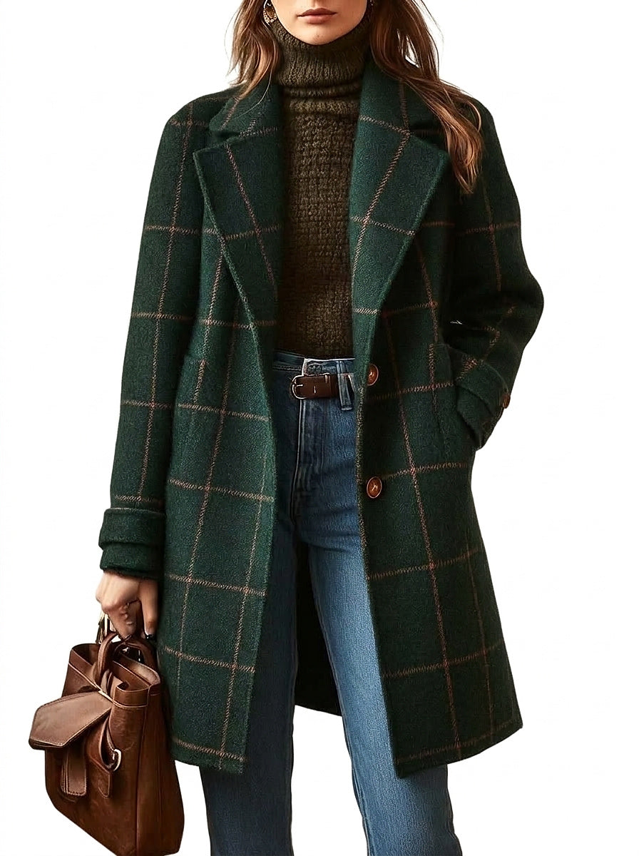 Women’s Long Checkered Pattern Coat with Buttons Green
